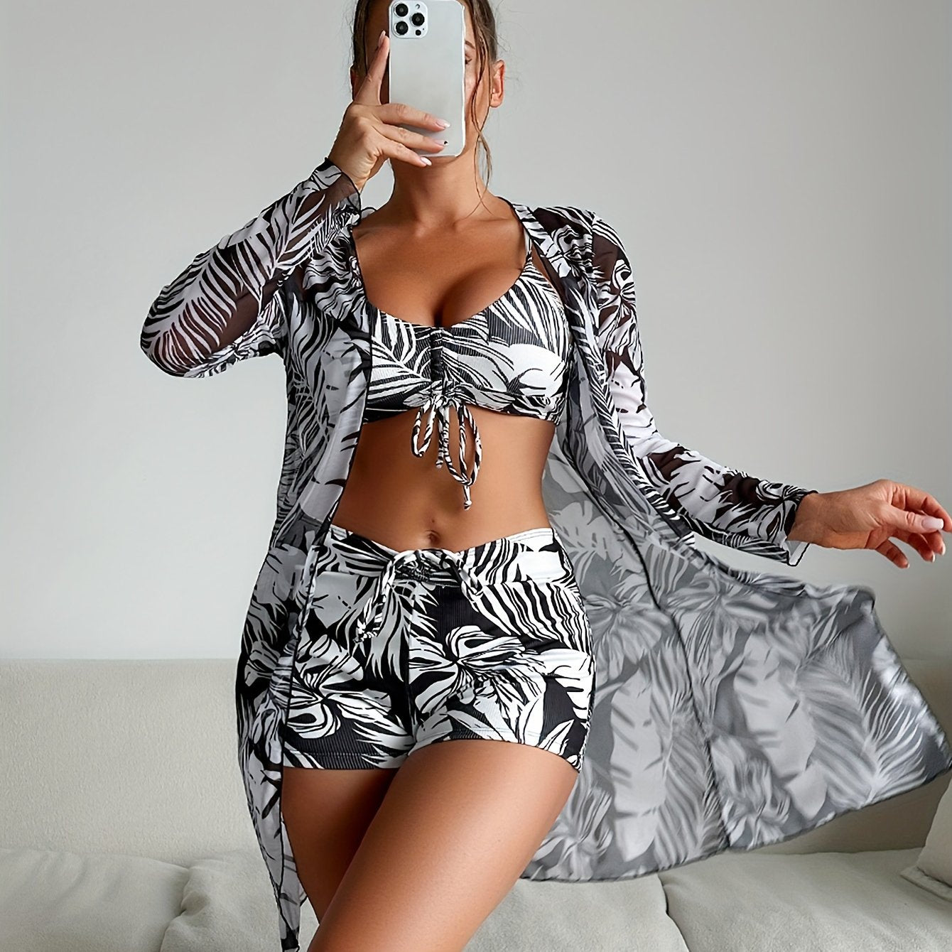 Tropical Print Drawstring Texture Fabric 3 Piece Set Swimsuits swimwear