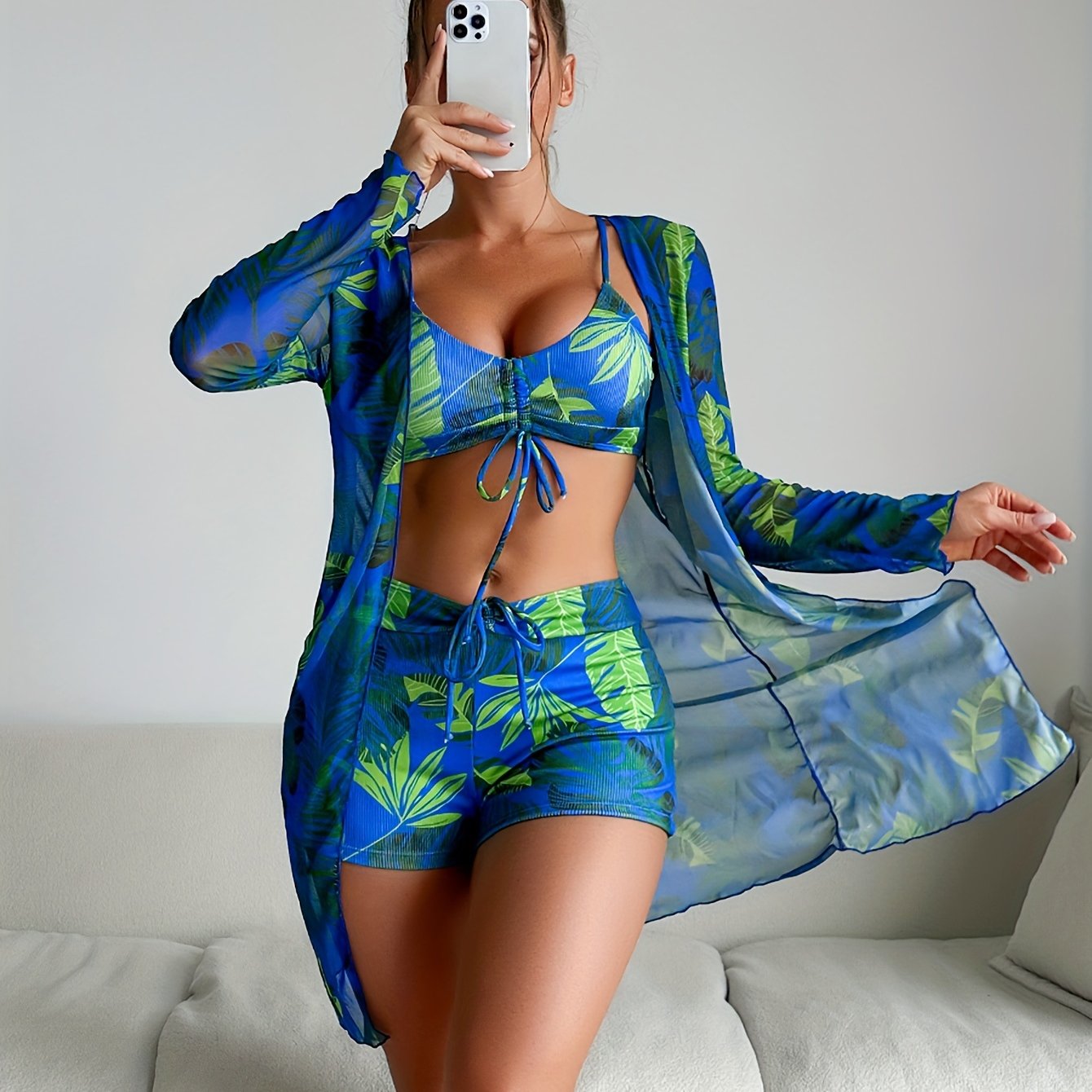 Tropical Print Drawstring Texture Fabric 3 Piece Set Swimsuits swimwear