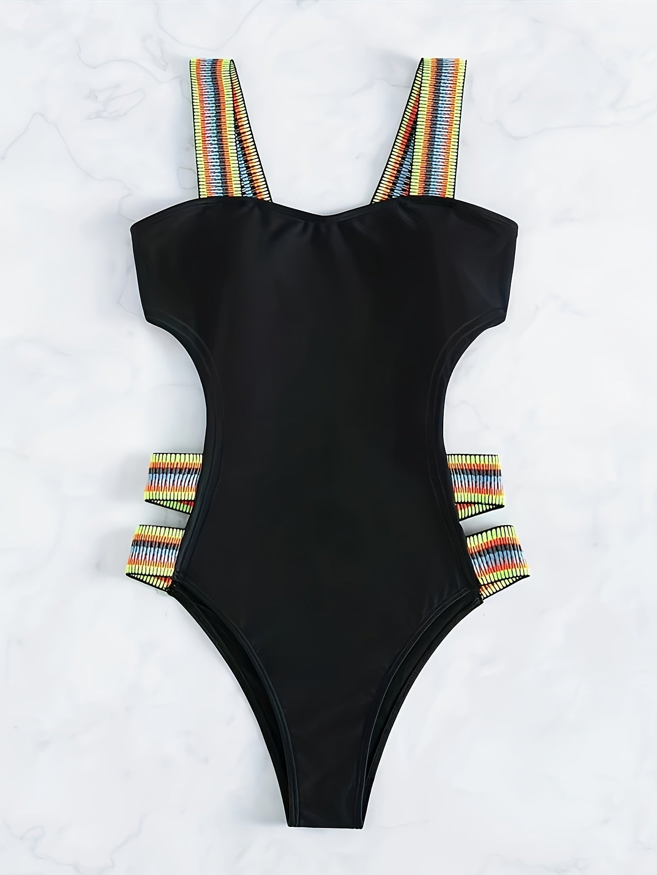 Fashionable Solid Color Swimsuits with Colorful Elastic Bands in Black And Blue, Specially Supplied for Cross-Border Trade. swimwear