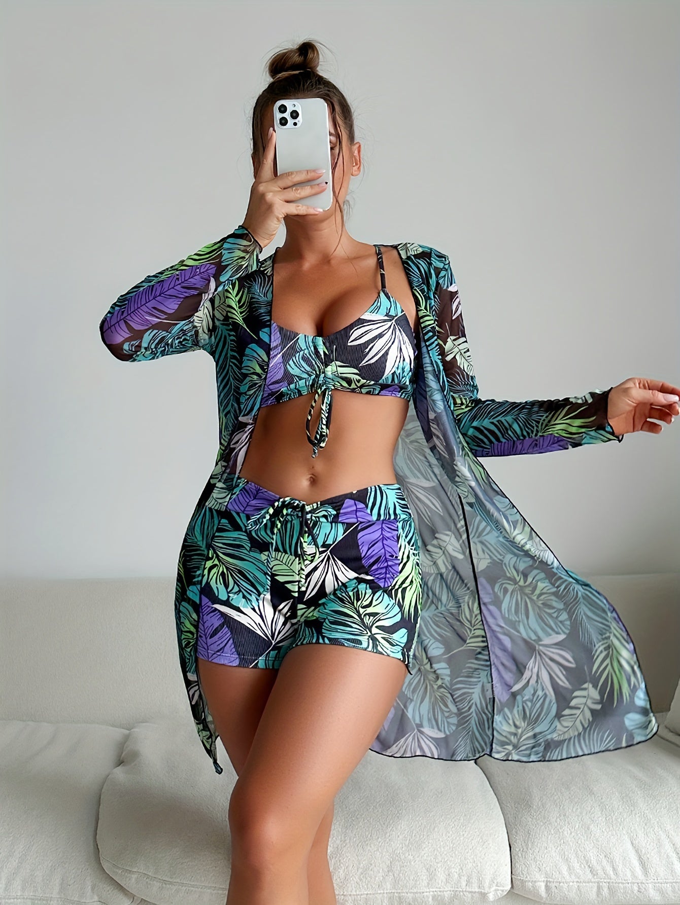 Tropical Print Drawstring Texture Fabric 3 Piece Set Swimsuits swimwear