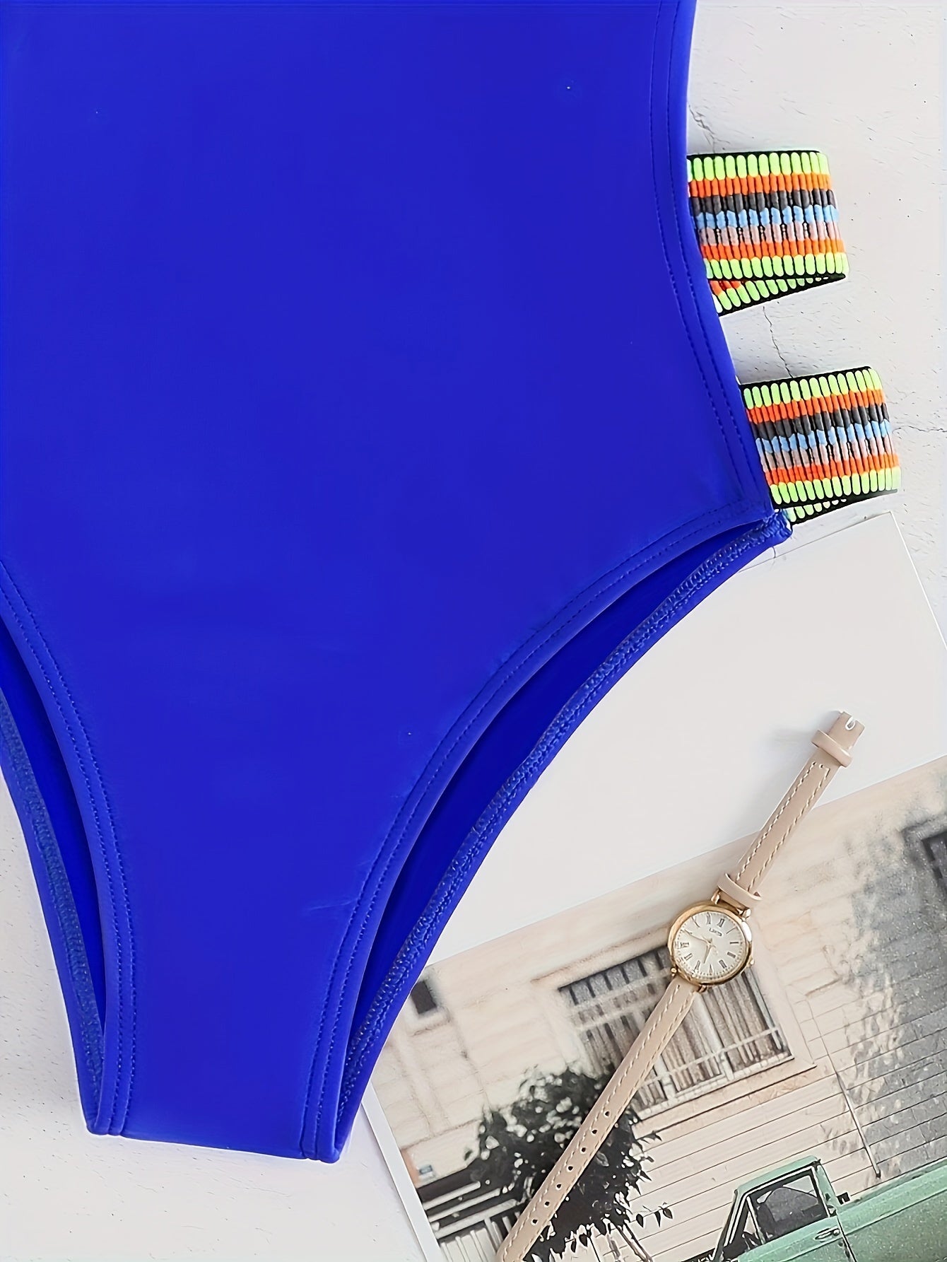 Fashionable Solid Color Swimsuits with Colorful Elastic Bands in Black And Blue, Specially Supplied for Cross-Border Trade. swimwear