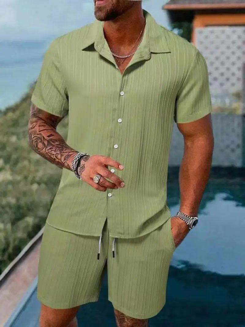 Men's Striped Jacquard Beach Suit Short Eye-Catching Casual Cotton Blend Set Single Breasted Notched Collar Drawstring Closure
