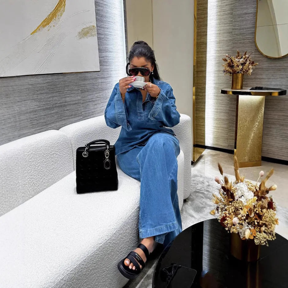 Denim Pant Set Women Two Piece Sets Matching Sets Streetwear Casual Loose Shirt Wide Leg Long Pants High Waist Y2k Mom Jeans