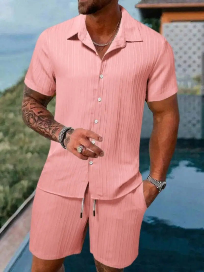 Men's Striped Jacquard Beach Suit Short Eye-Catching Casual Cotton Blend Set Single Breasted Notched Collar Drawstring Closure