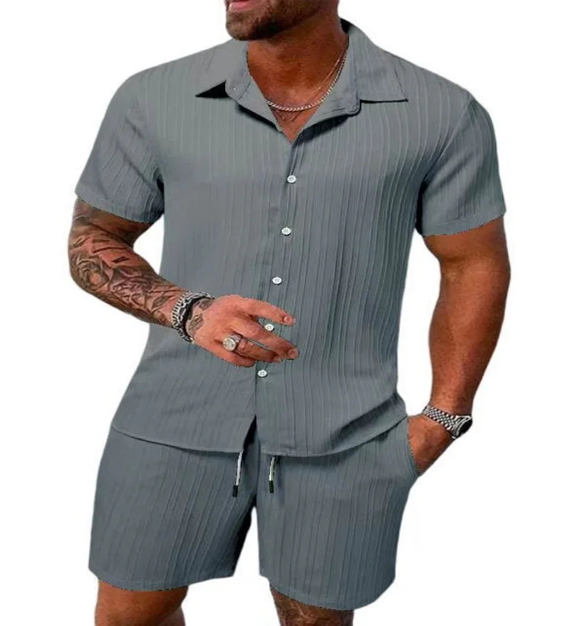 Men's Striped Jacquard Beach Suit Short Eye-Catching Casual Cotton Blend Set Single Breasted Notched Collar Drawstring Closure