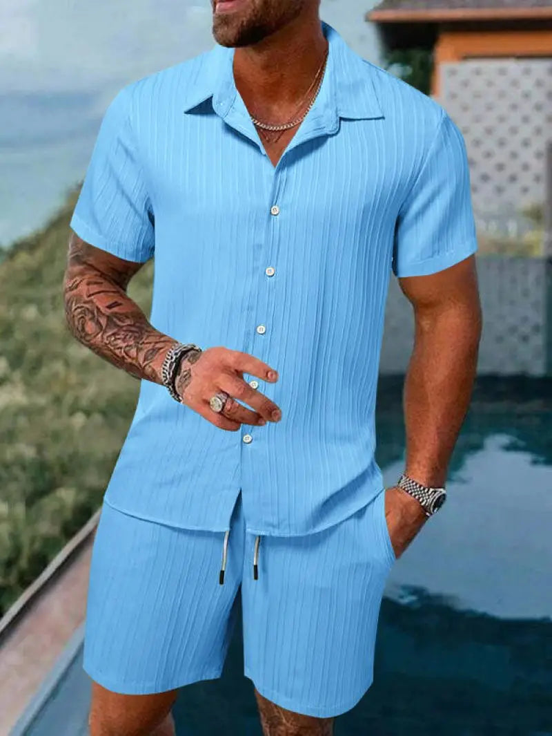 Men's Striped Jacquard Beach Suit Short Eye-Catching Casual Cotton Blend Set Single Breasted Notched Collar Drawstring Closure