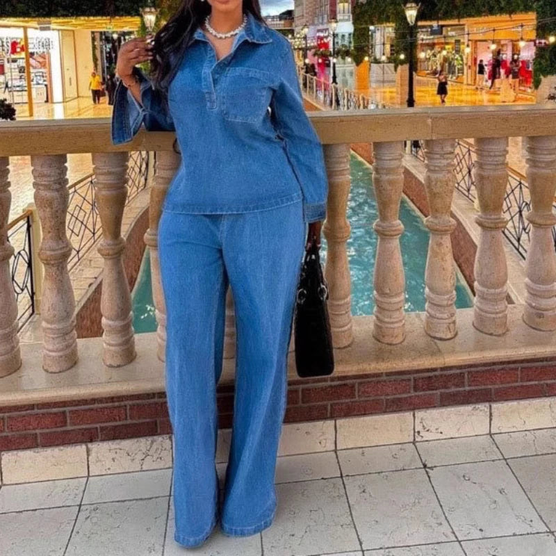 Denim Pant Set Women Two Piece Sets Matching Sets Streetwear Casual Loose Shirt Wide Leg Long Pants High Waist Y2k Mom Jeans