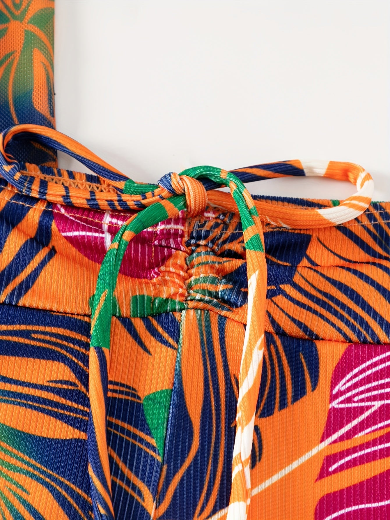 Tropical Print Drawstring Texture Fabric 3 Piece Set Swimsuits swimwear