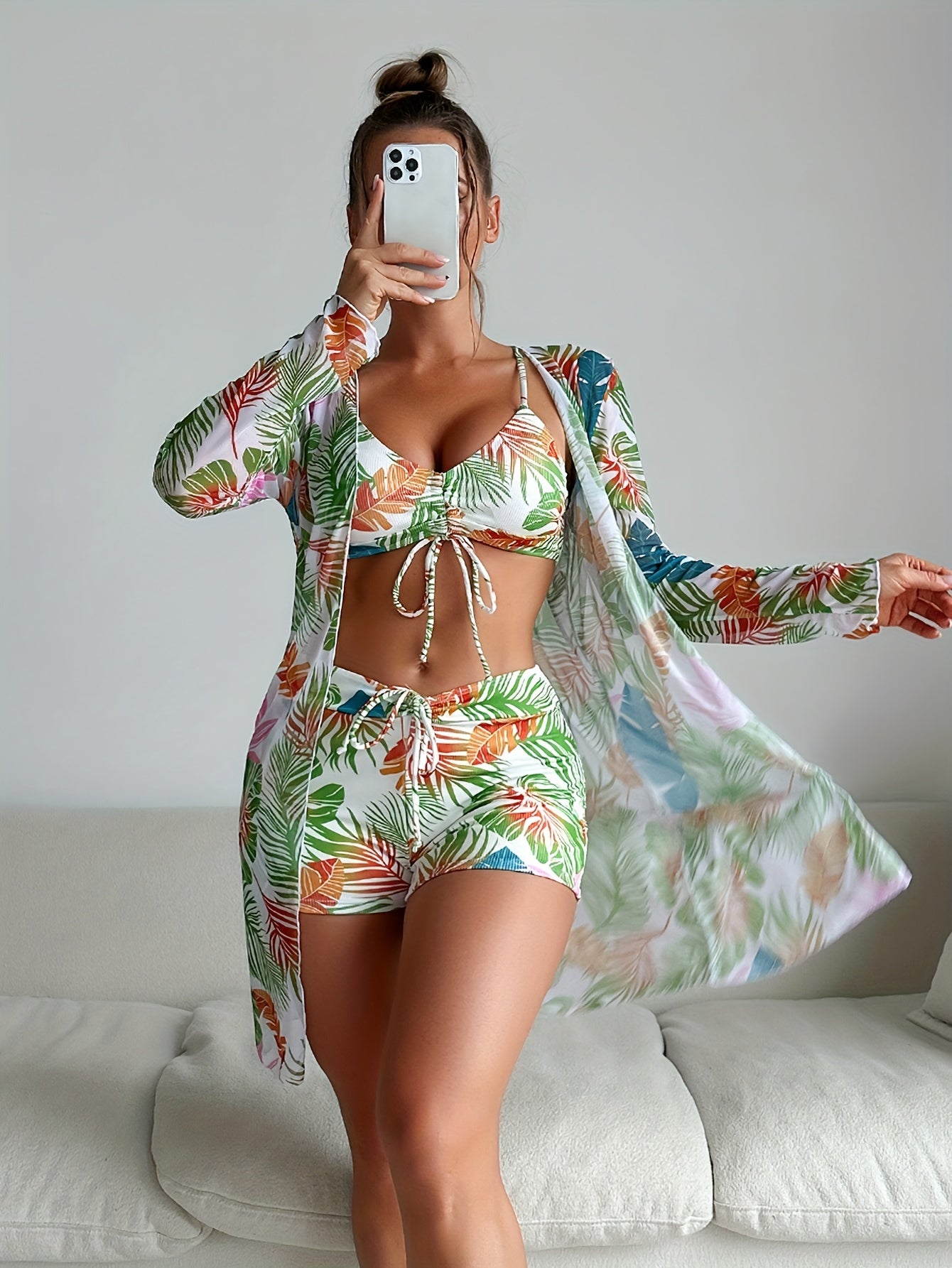 Tropical Print Drawstring Texture Fabric 3 Piece Set Swimsuits swimwear