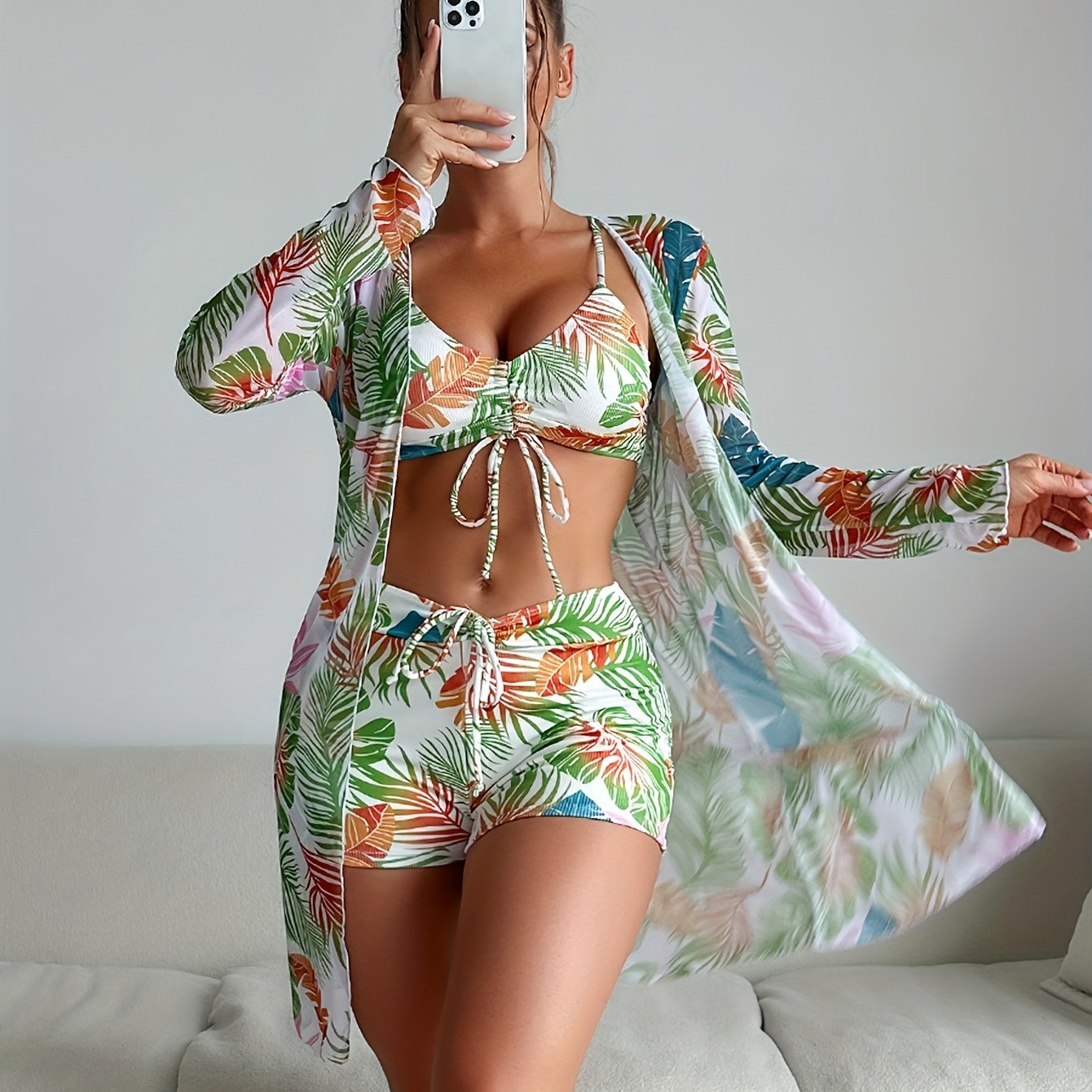 Tropical Print Drawstring Texture Fabric 3 Piece Set Swimsuits swimwear