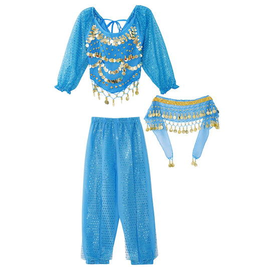 Girls India Belly Dance Arabian Princess Performance Costume Long Sleeve Crop Top with Harem Pants Hip Scarf Bellydance for Kids