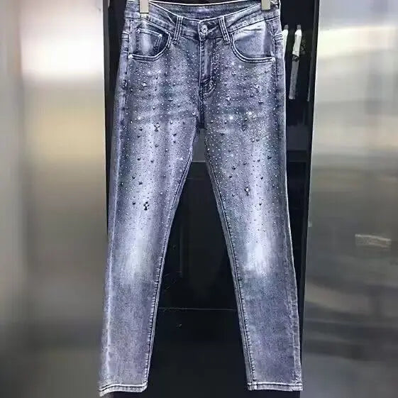 Spring Autumn 2025 High Quality Rhinestone Luxury Clothing Jeans Men's Brand Streetwear Slim Pants Youth Fashion Cowboy Trousers