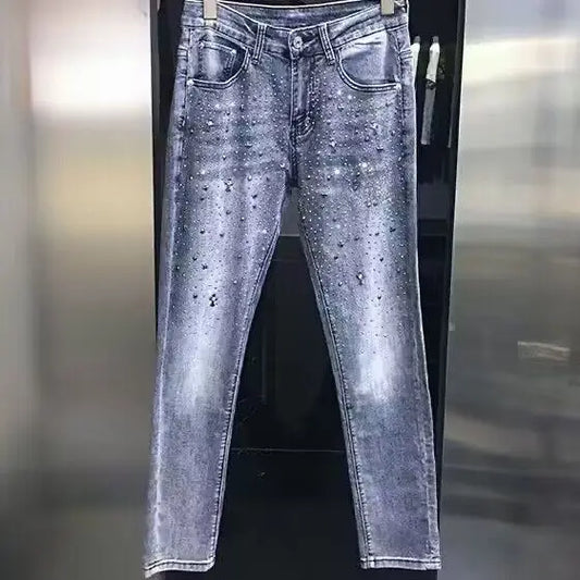 Spring Autumn 2025 High Quality Rhinestone Luxury Clothing Jeans Men's Brand Streetwear Slim Pants Youth Fashion Cowboy Trousers