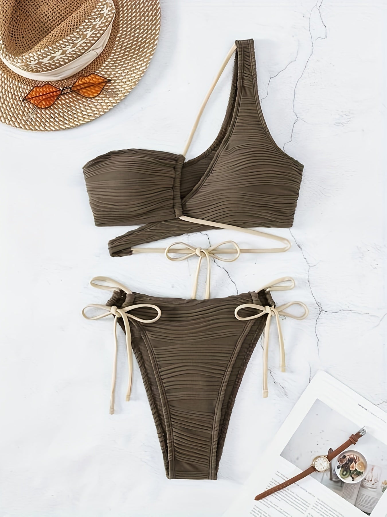 Asymmetric One Shoulder Criss Cross 2 Piece Set Bikini,  Swimsuits, Women's Swimwear & Clothing