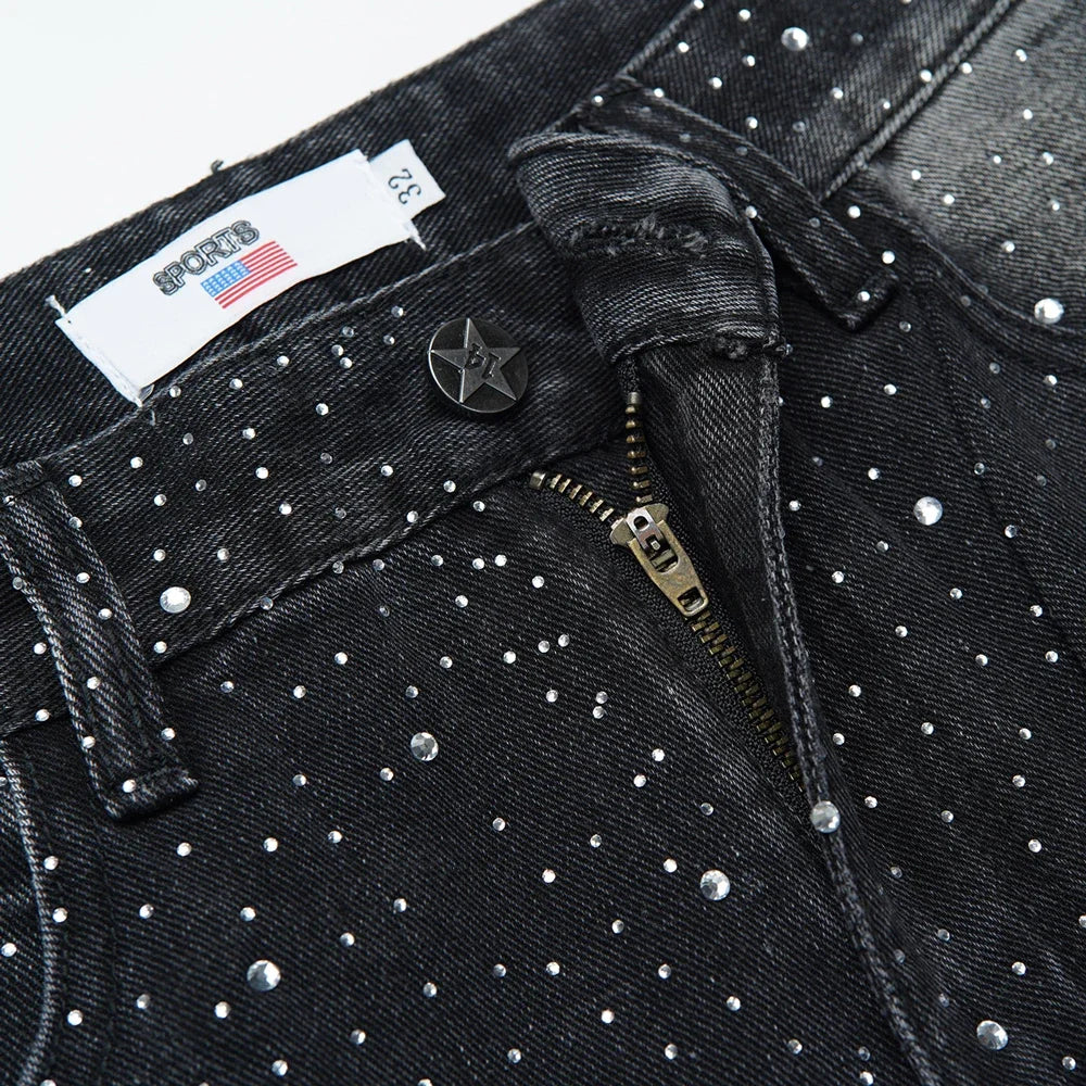 New Denim Baggy Ripped Jeans with Rhinestones Retro Vintage High Street Style Hip-hop Straight Trousers Streetwear Jeans for Men