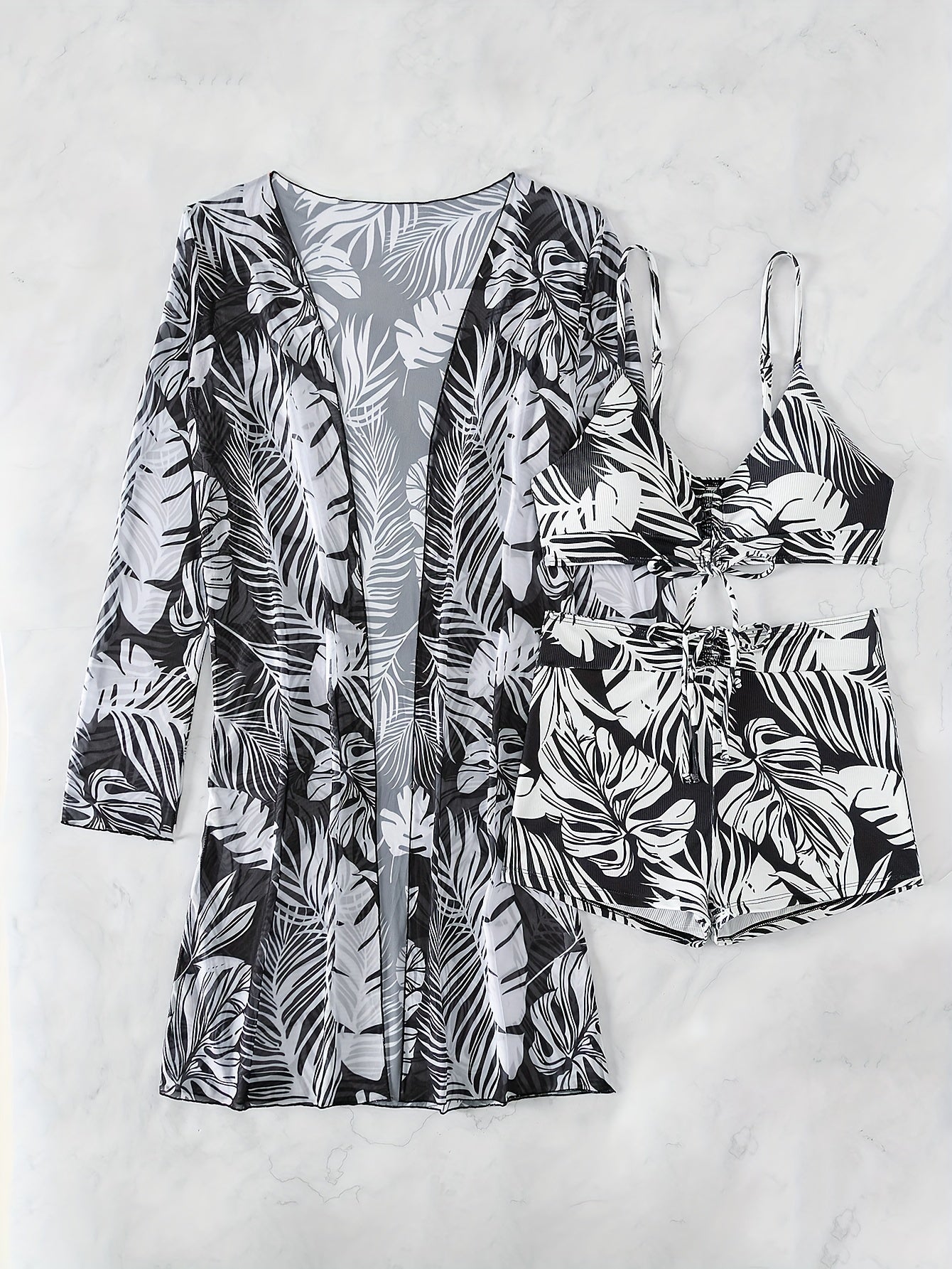 Tropical Print Drawstring Texture Fabric 3 Piece Set Swimsuits swimwear