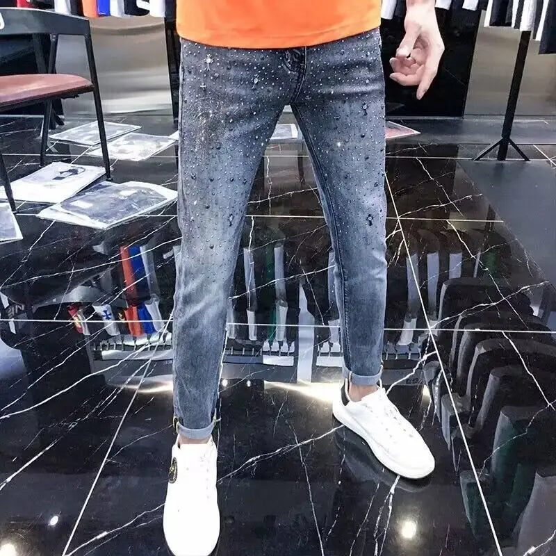 Spring Autumn 2025 High Quality Rhinestone Luxury Clothing Jeans Men's Brand Streetwear Slim Pants Youth Fashion Cowboy Trousers