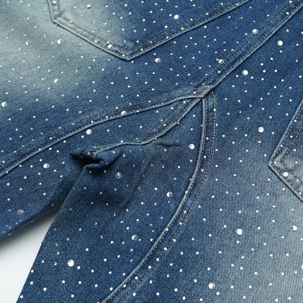 New Denim Baggy Ripped Jeans with Rhinestones Retro Vintage High Street Style Hip-hop Straight Trousers Streetwear Jeans for Men