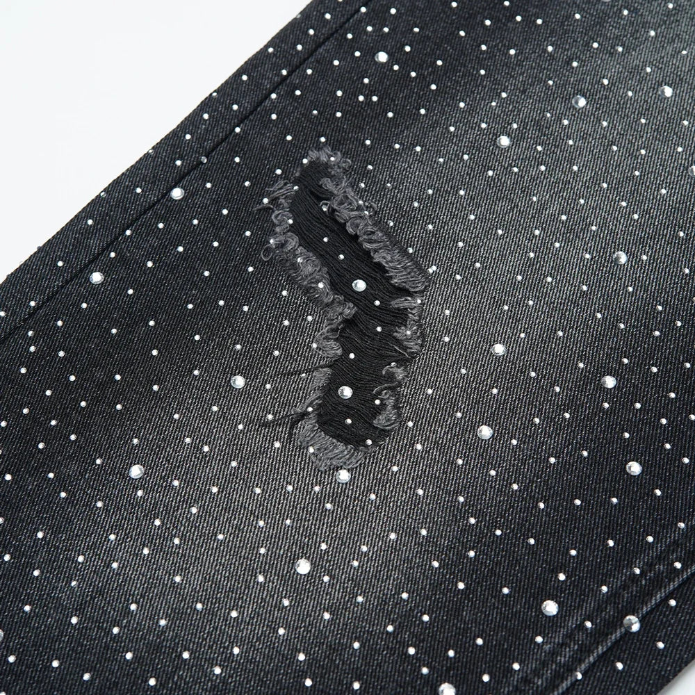 New Denim Baggy Ripped Jeans with Rhinestones Retro Vintage High Street Style Hip-hop Straight Trousers Streetwear Jeans for Men