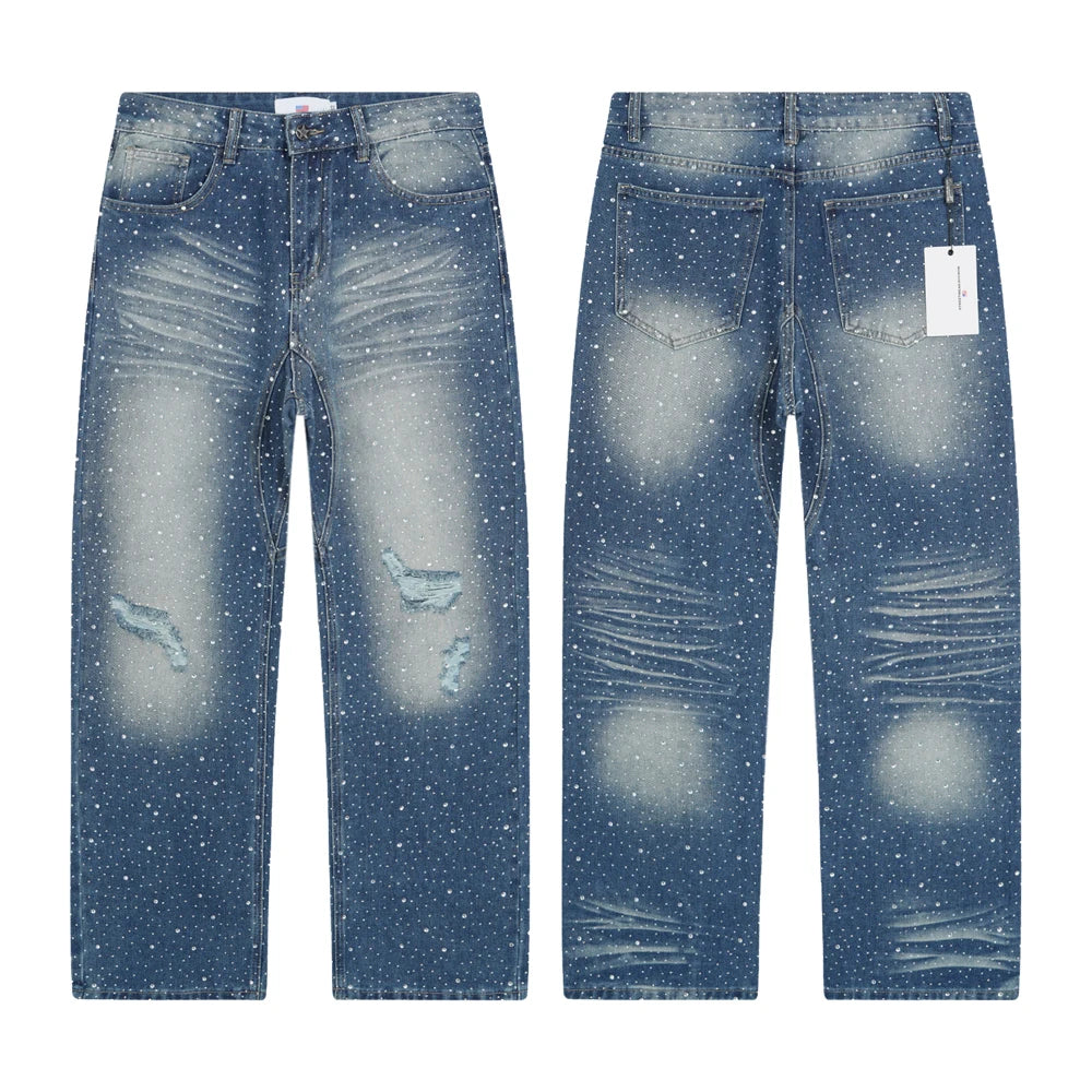 New Denim Baggy Ripped Jeans with Rhinestones Retro Vintage High Street Style Hip-hop Straight Trousers Streetwear Jeans for Men