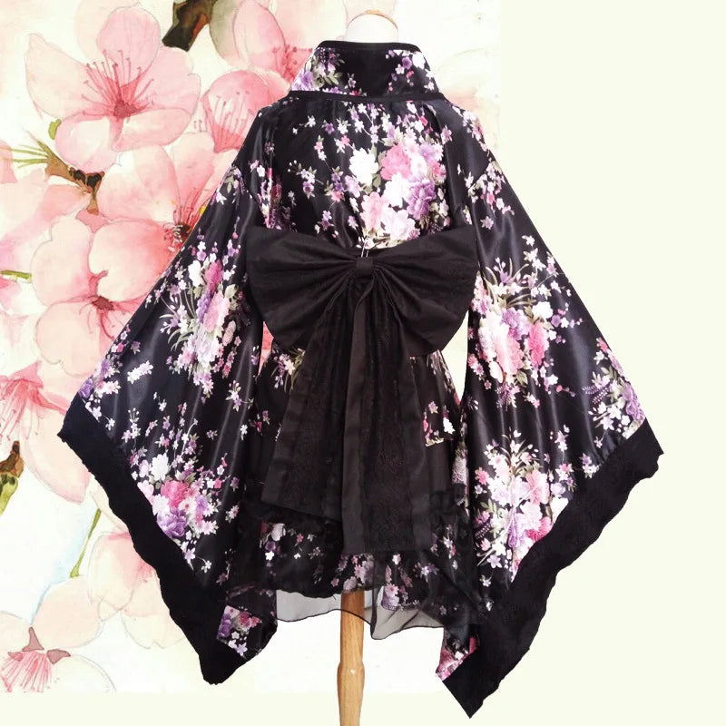 Women's Short Sexy Kimono Japanese Anime Lolita Cherry Sakura Flower Printing Kimono Maid Costumes Silk Yukata Fancy Dress S-3XL
