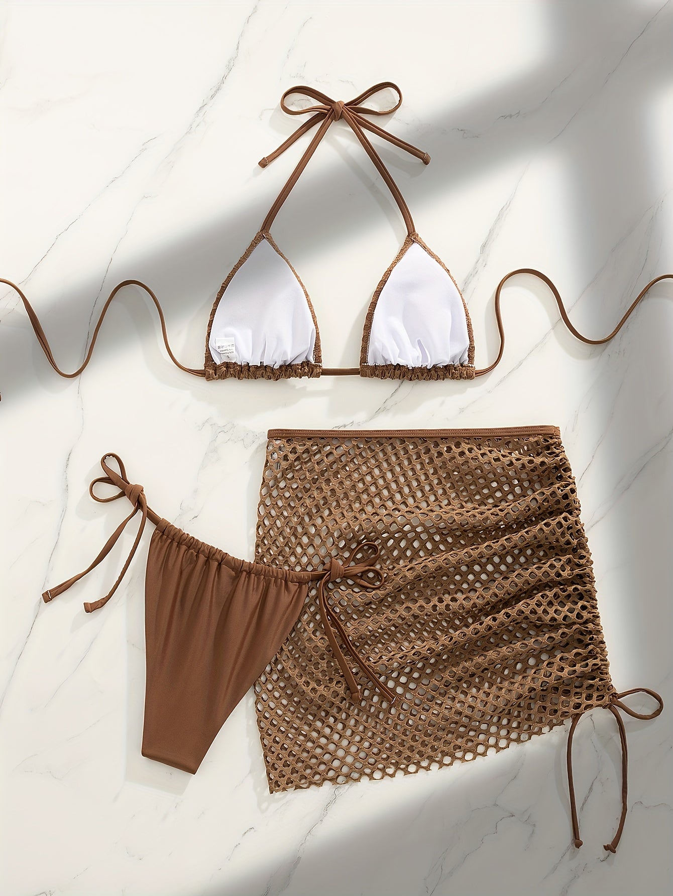 3 Piece Set Swimsuits - Hollow Out Plain Khaki Triangle Halter Tie Strap Bikini Drawstring Wrap Skirt - swimwear