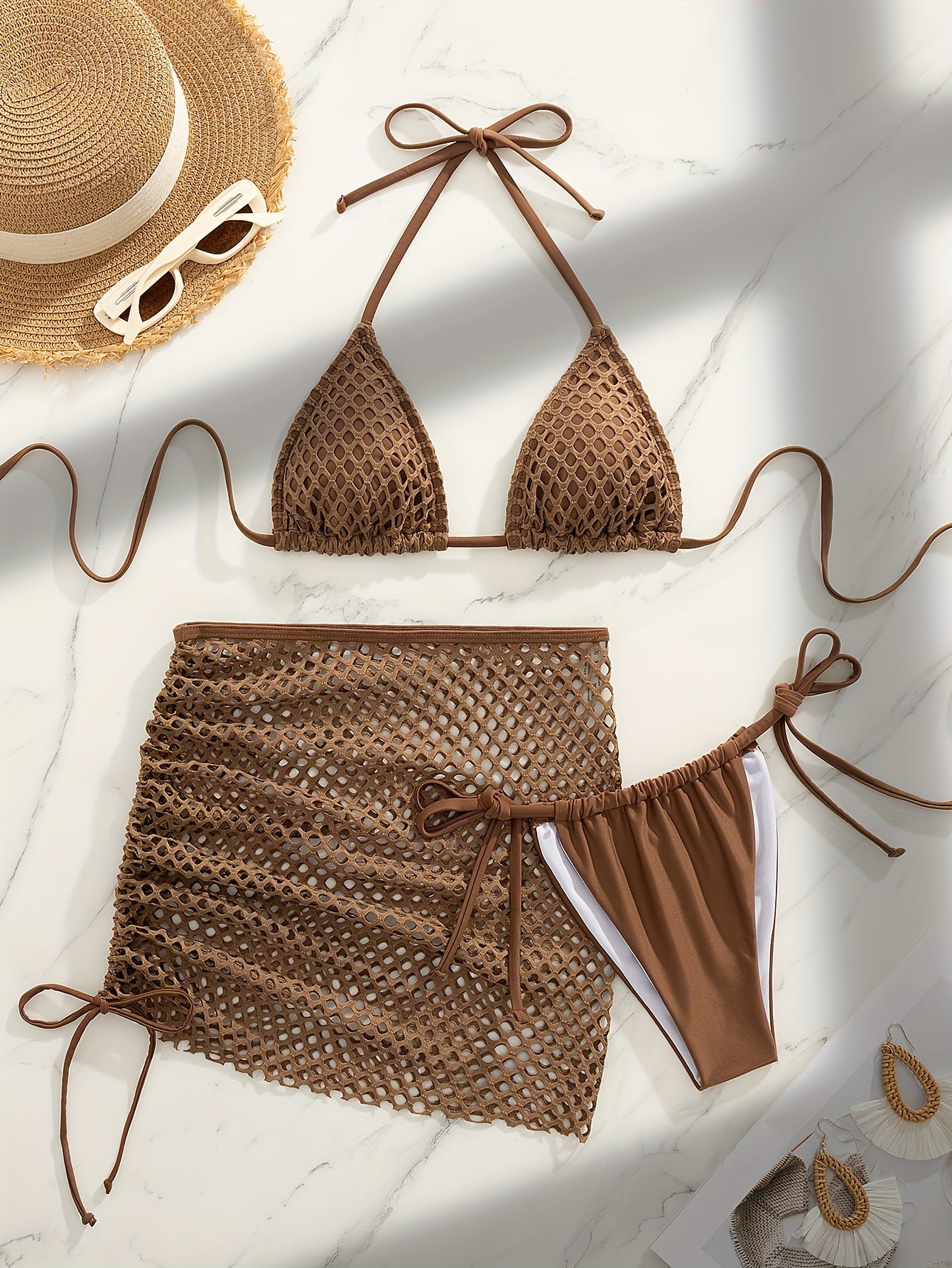 3 Piece Set Swimsuits - Hollow Out Plain Khaki Triangle Halter Tie Strap Bikini Drawstring Wrap Skirt - swimwear