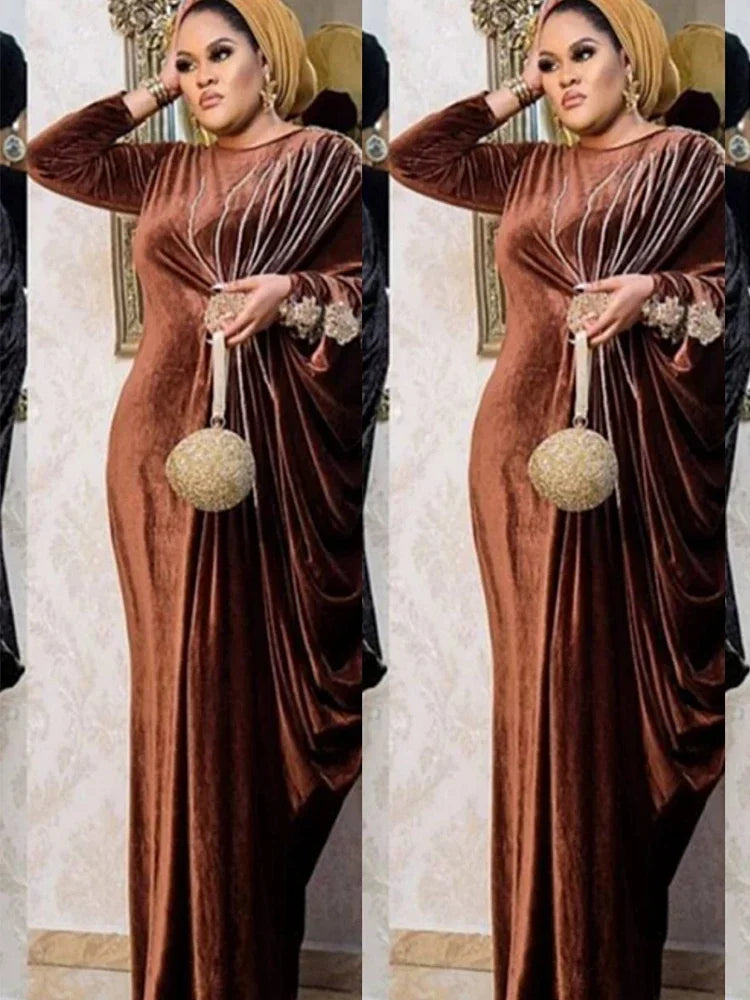 Elegant Velvet Muslim Dress Women Pleated African India Islamic Clothing Maxi Dress Jubah Long Robe Abaya Moroccan Kaftan Elbise