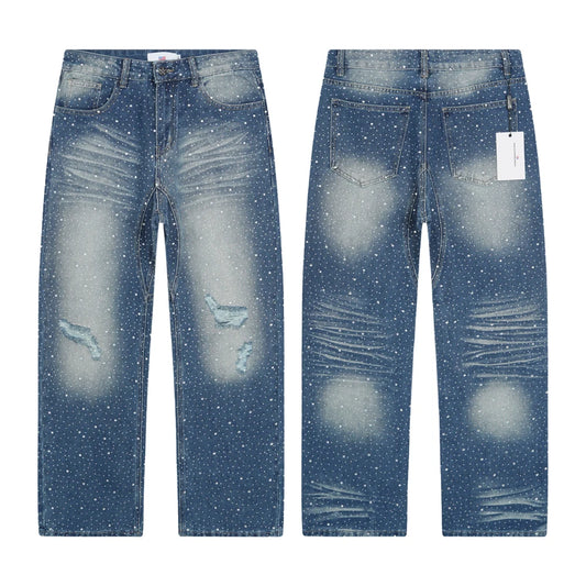 New Denim Baggy Ripped Jeans with Rhinestones Retro Vintage High Street Style Hip-hop Straight Trousers Streetwear Jeans for Men