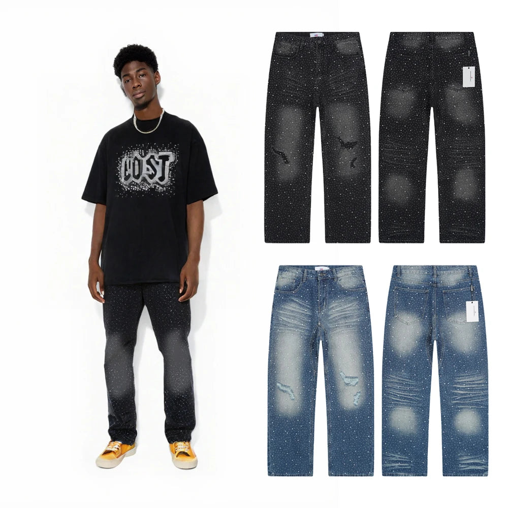 New Denim Baggy Ripped Jeans with Rhinestones Retro Vintage High Street Style Hip-hop Straight Trousers Streetwear Jeans for Men