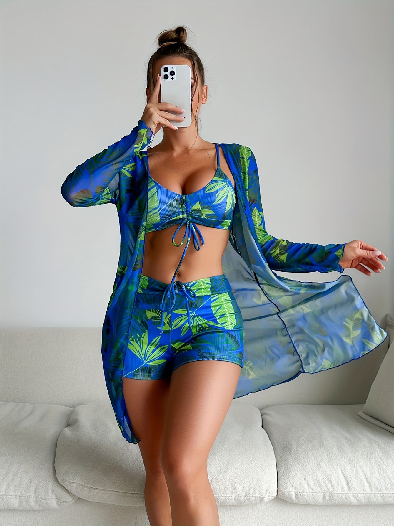 Tropical Print Drawstring Texture Fabric 3 Piece Set Swimsuits swimwear