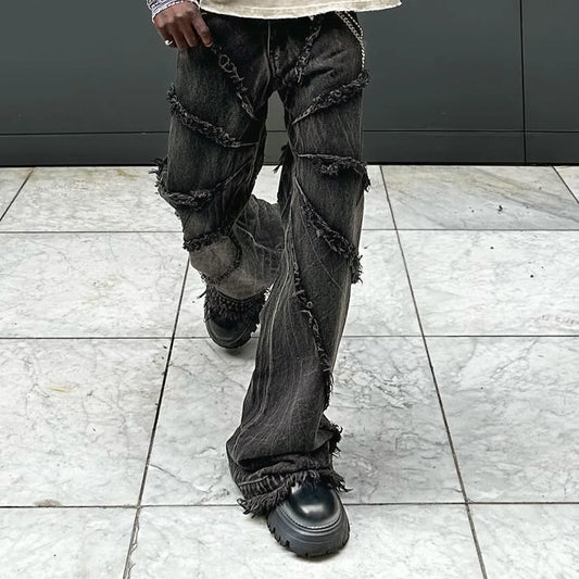 Hot Sale Hip Hop Customized High Quality Distressed Black Baggy Denim Pants Men's Loose Fit Streetwear Stack Jeans