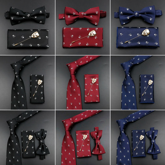 Fashion Men's Skull Tie Set New Design 8cm Polyester Suit Collar Bowtie Handkerchief Trendy Mask Brooch Luxury Wedding Accessory