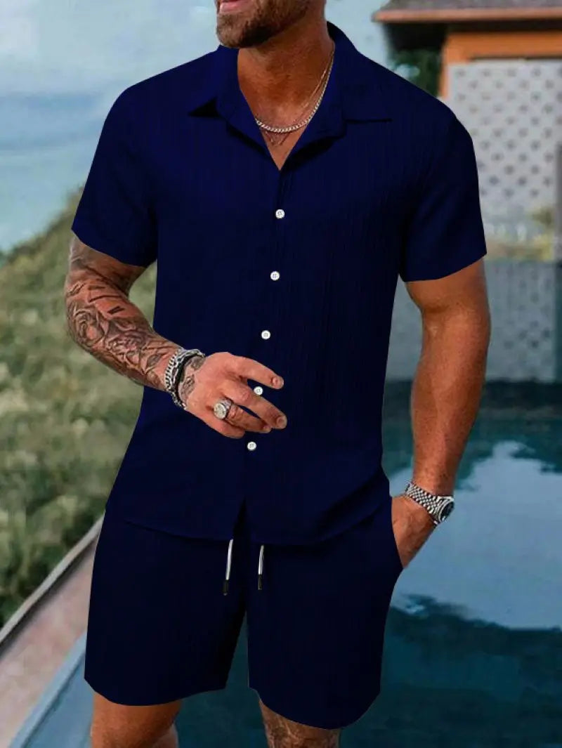 Men's Striped Jacquard Beach Suit Short Eye-Catching Casual Cotton Blend Set Single Breasted Notched Collar Drawstring Closure