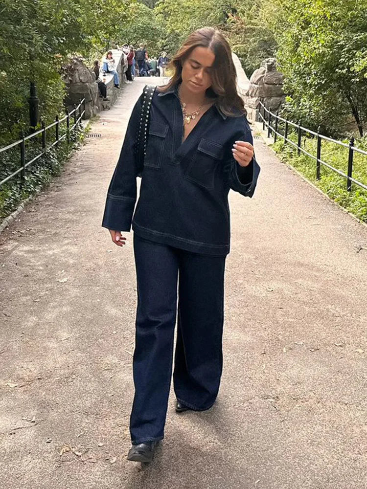 Denim Coat Trouser Women 2 Pieces Set Lapel Full Sleeves Pullover Floor Length High Waist Wide Leg Pants Female 2025 Spring Suit