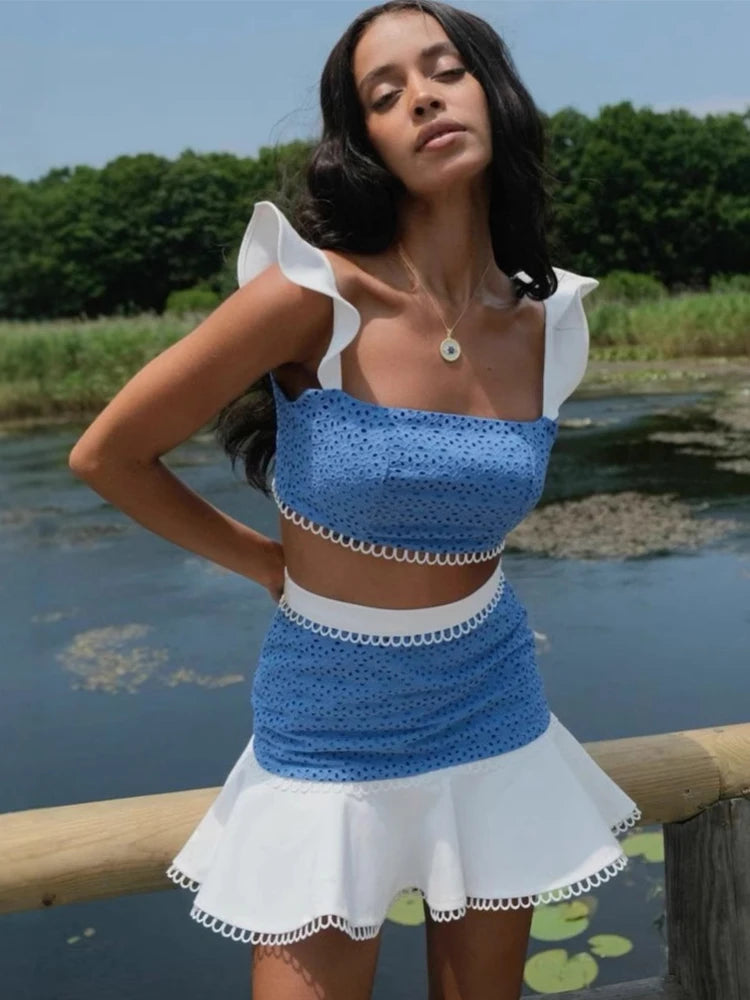 Elegant Ruffle Tiered Mini Skirts Co-ord ladies Set ; Crop Top ; 2 Piece Set ; Mini Skirt Suits ; Lady Beach Outfit