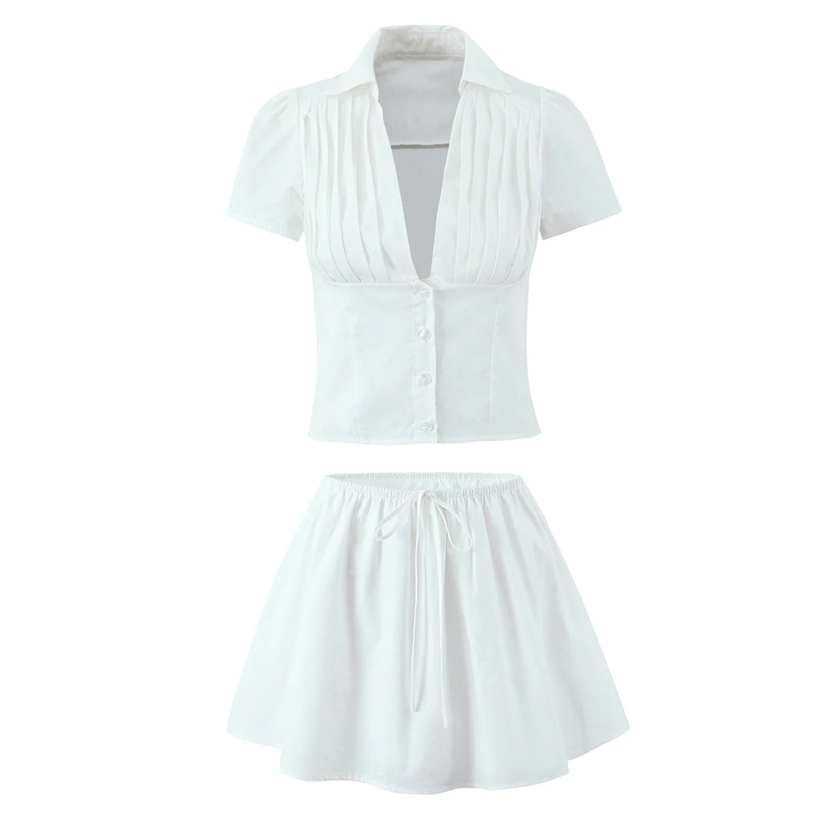 White Lapel V neck Short Puff Sleeve Shirt ; Tank Top ; Bow Elastic Waist ;  Mini Skirt ladies 2 Pieces Set