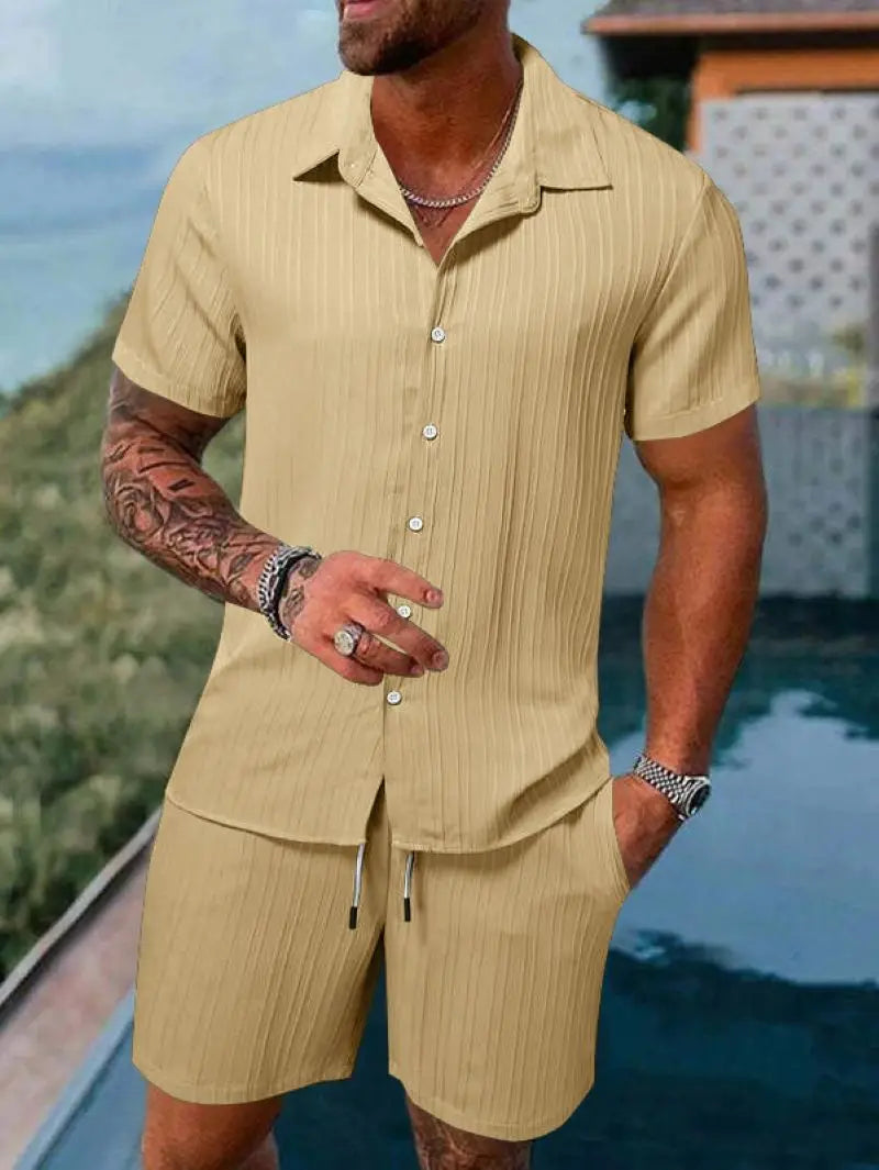Men's Striped Jacquard Beach Suit Short Eye-Catching Casual Cotton Blend Set Single Breasted Notched Collar Drawstring Closure
