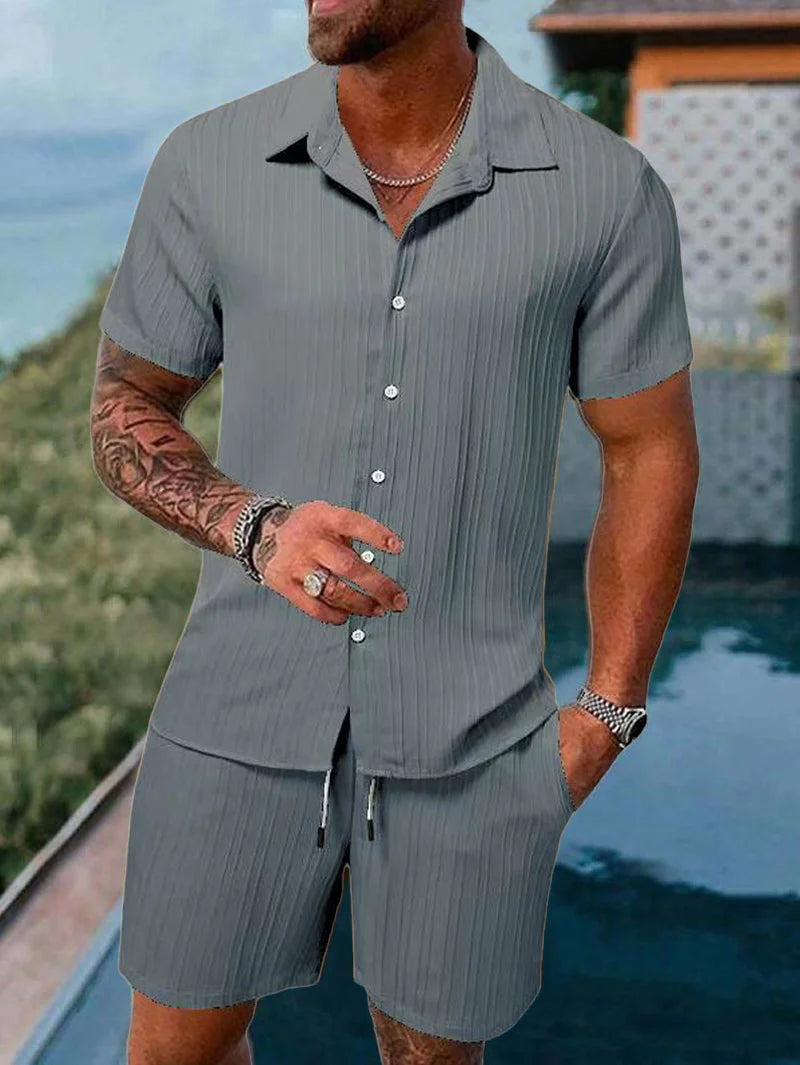 Men's Striped Jacquard Beach Suit Short Eye-Catching Casual Cotton Blend Set Single Breasted Notched Collar Drawstring Closure