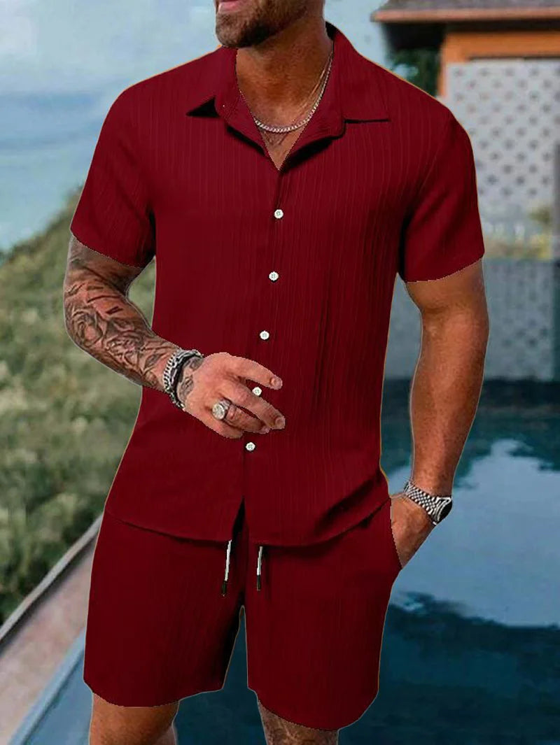 Men's Striped Jacquard Beach Suit Short Eye-Catching Casual Cotton Blend Set Single Breasted Notched Collar Drawstring Closure