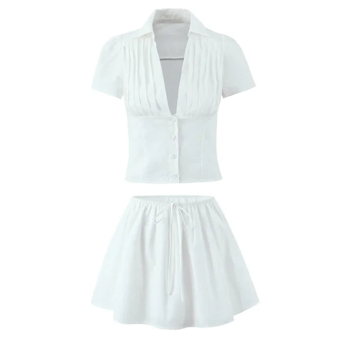 White Lapel V neck Short Puff Sleeve Shirt ; Tank Top ; Bow Elastic Waist ;  Mini Skirt ladies 2 Pieces Set