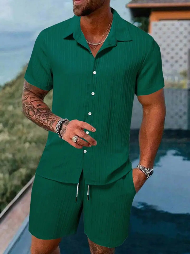 Men's Striped Jacquard Beach Suit Short Eye-Catching Casual Cotton Blend Set Single Breasted Notched Collar Drawstring Closure