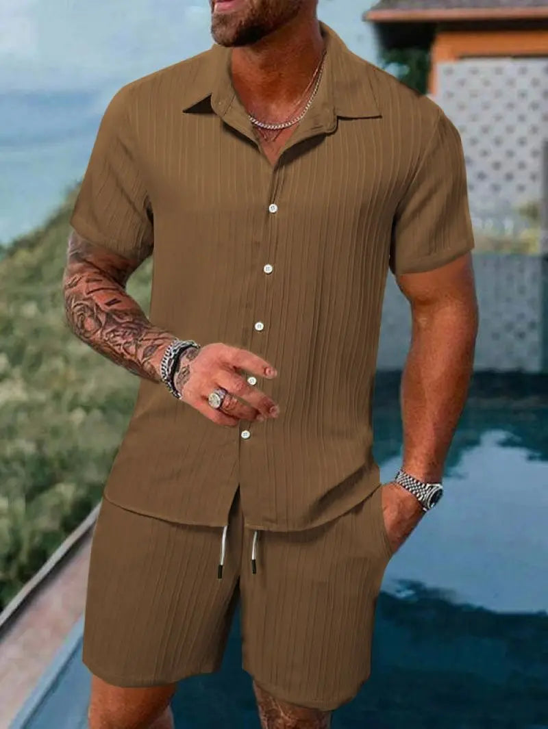 Men's Striped Jacquard Beach Suit Short Eye-Catching Casual Cotton Blend Set Single Breasted Notched Collar Drawstring Closure