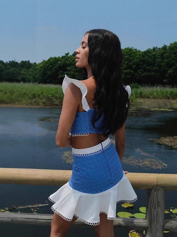 Elegant Ruffle Tiered Mini Skirts Co-ord ladies Set ; Crop Top ; 2 Piece Set ; Mini Skirt Suits ; Lady Beach Outfit