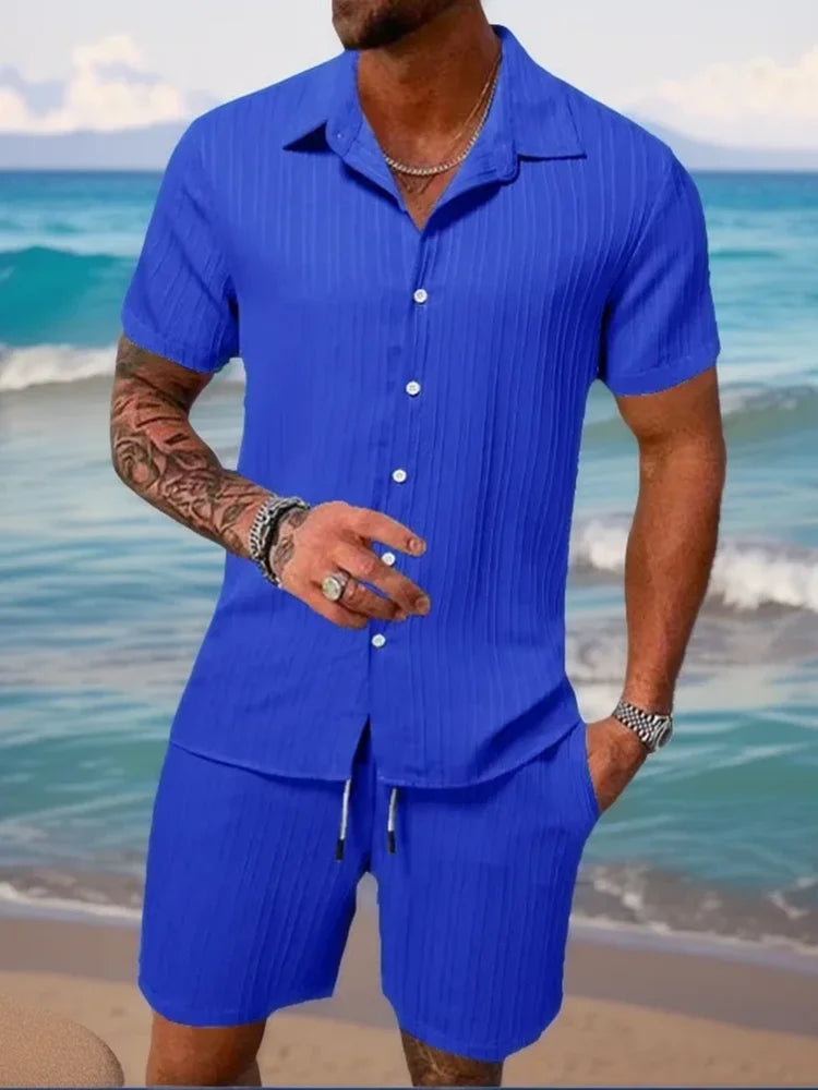 Men's Striped Jacquard Beach Suit Short Eye-Catching Casual Cotton Blend Set Single Breasted Notched Collar Drawstring Closure