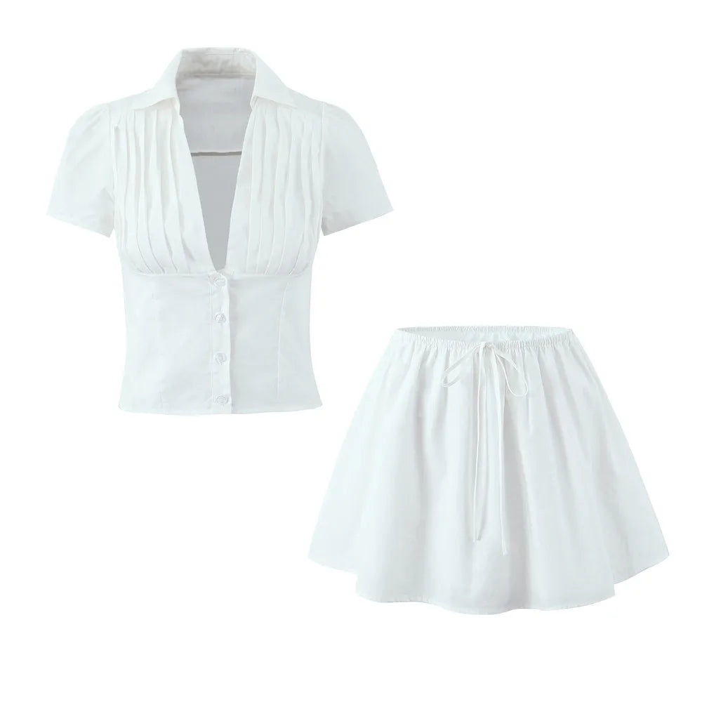 White Lapel V neck Short Puff Sleeve Shirt ; Tank Top ; Bow Elastic Waist ;  Mini Skirt ladies 2 Pieces Set