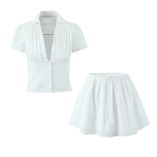 White Lapel V neck Short Puff Sleeve Shirt ; Tank Top ; Bow Elastic Waist ;  Mini Skirt ladies 2 Pieces Set