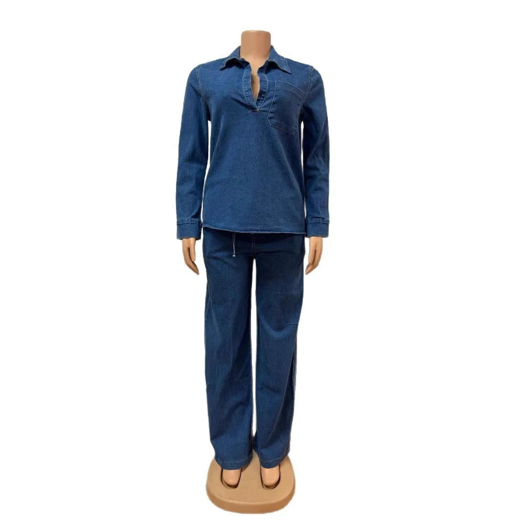 Denim Pant Set Women Two Piece Sets Matching Sets Streetwear Casual Loose Shirt Wide Leg Long Pants High Waist Y2k Mom Jeans