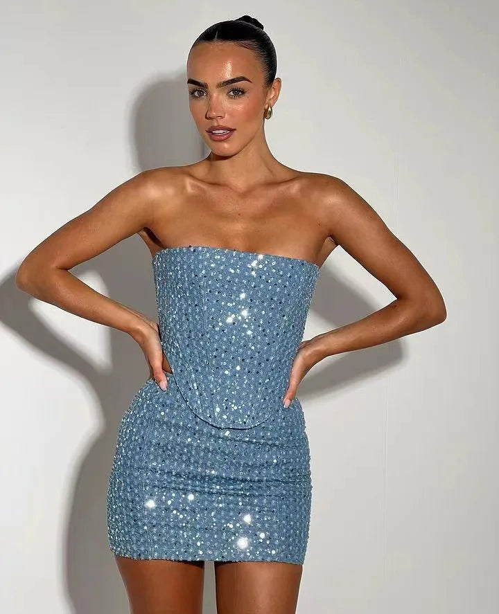 Women Blue Sequined Denim 2 Piece Sets Sexy Strapless Top Stylish Woman Mini Skirt Sets Tweed Set Summer Nightclub Outfits