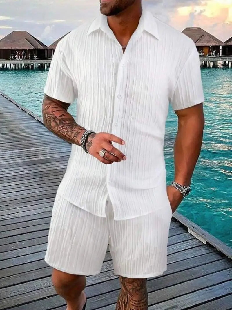 Men's Striped Jacquard Beach Suit Short Eye-Catching Casual Cotton Blend Set Single Breasted Notched Collar Drawstring Closure